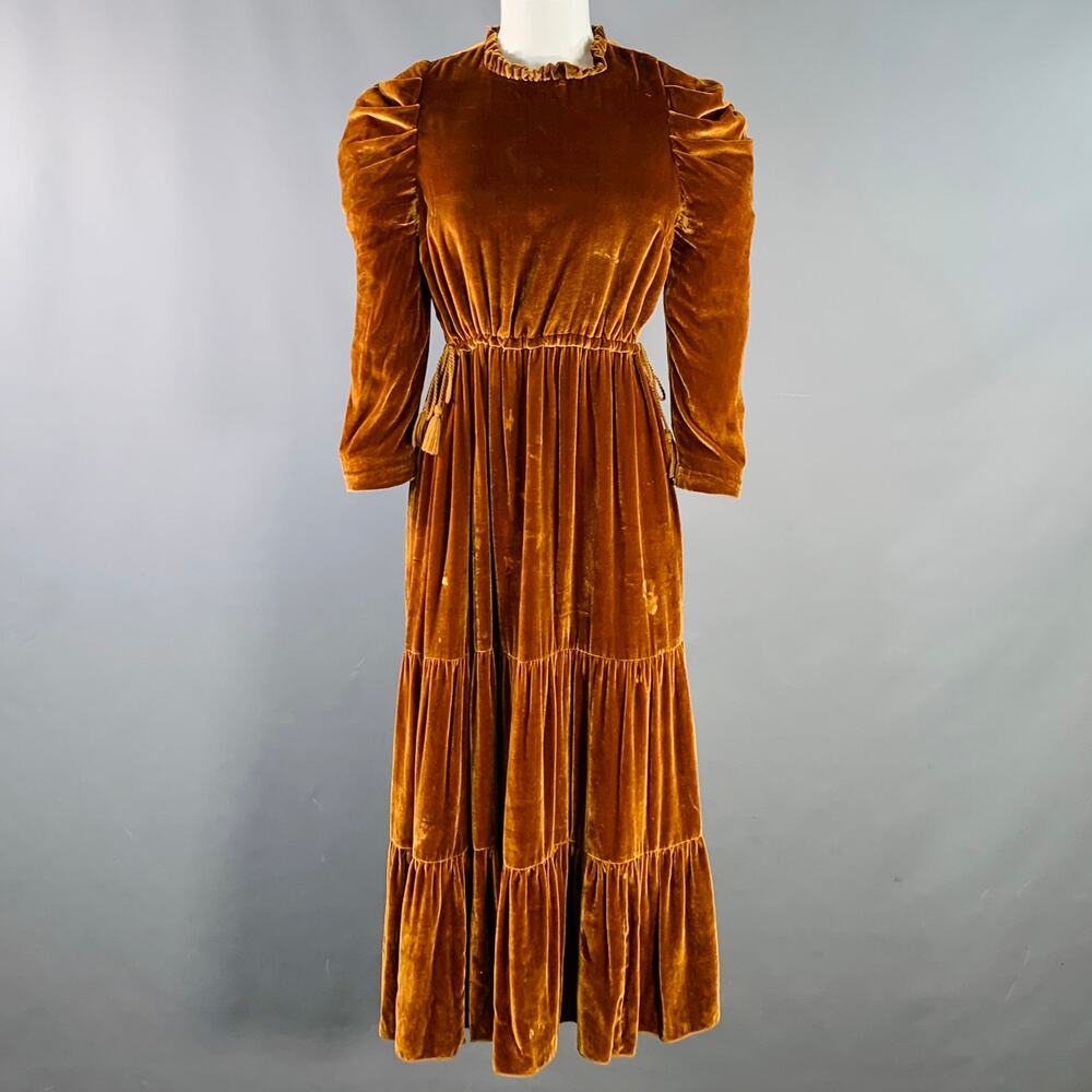 ULLA JOHNSON Size 2 Bunny Yellow Mustard Velvet Ruffle Midi Dress